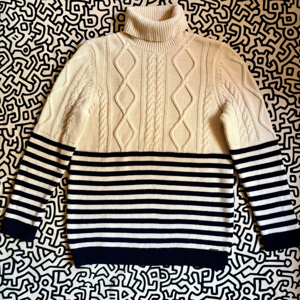 St. James Breton Striped Cable Knit Turtleneck Sweater S